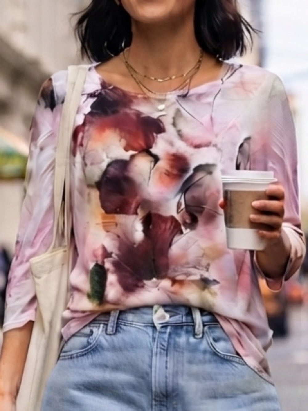 Coldwater Creek Watercolor Floral Top 1X 3/4 Sleeve Top Romantic Boho Soft Girl